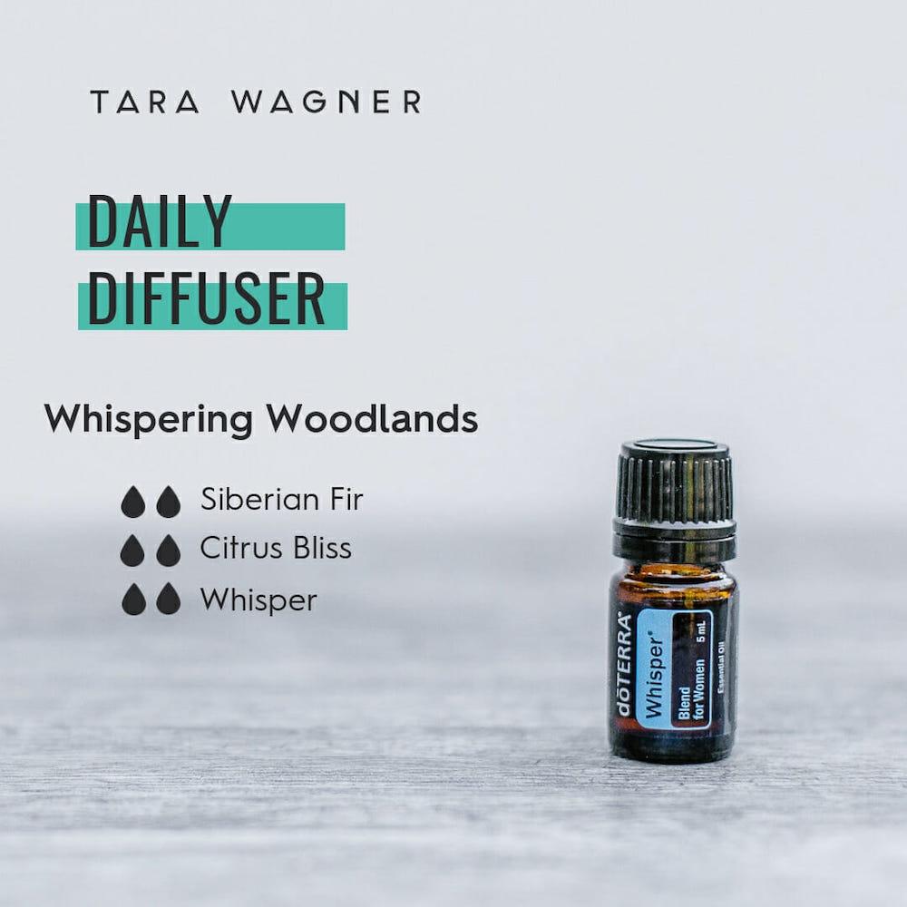 Diffuser recipe called Whispering Woodlands depicting the recipe: 2 drops each Siberian fir, citrus bliss, and whisper essential oils
