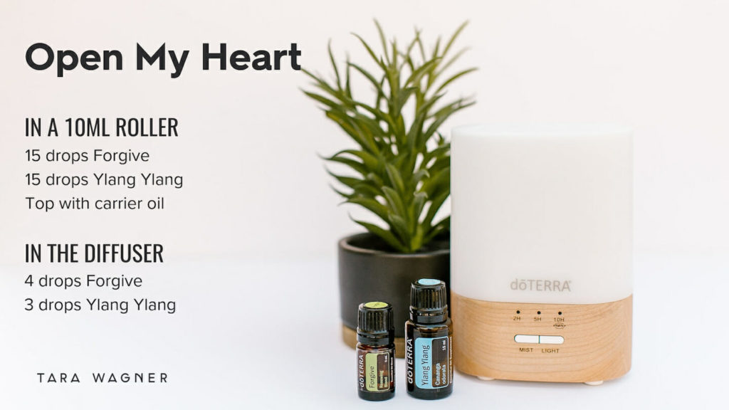 doTERRA Open my Heart for rollerball and diffuser, forgive and ylang ylang with plant and diffuser
