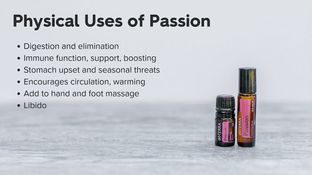 doTERRA Passion Physical Uses and passion essential oil bottle and rollerball side by side