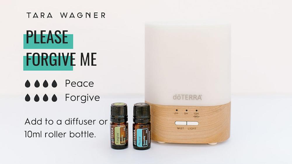 Diffuser recipe called Please Forgive Me depicting the recipe: 4 drops Peace blend, 4 drops Forgive added to diffuser or 10m roller bottle