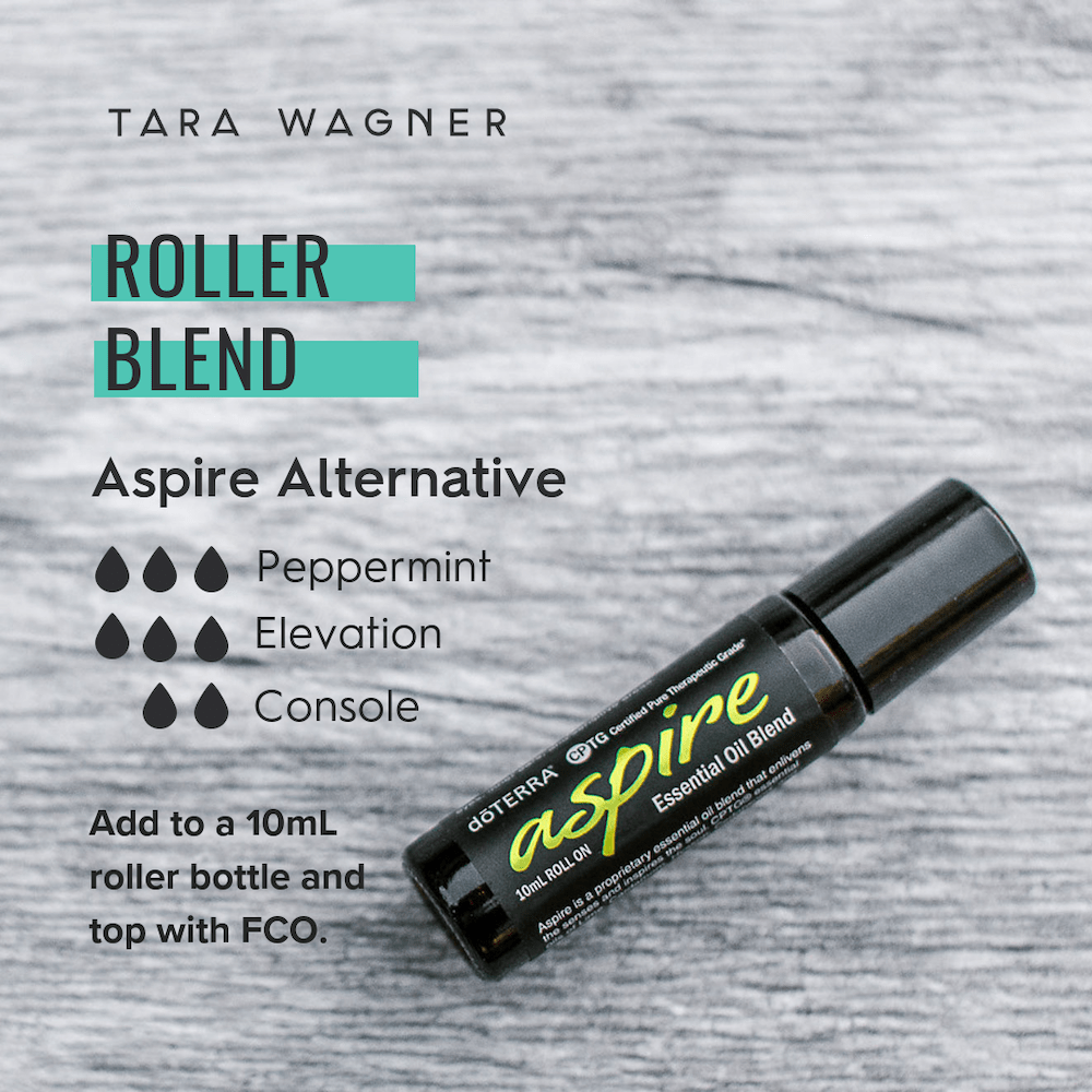 Alternative roller bottle essential oil recipe for doTERRA Aspire blend depicting 3 drops peppermint, 3 drops elevation, and 2 drops console added to a 10ml roller bottle and topped with fractionated coconut oil