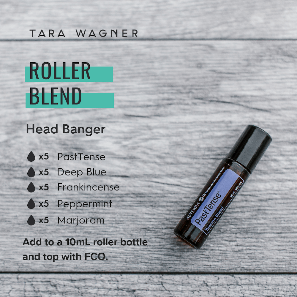 Roller bottle recipe entitled Head Banger depicting the recipe: 5 drops each of Past Tense, Deep Blue, Frankincense, Peppermint, and Marjoram essential oils added to a 10ml roller bottle and topped with fractionated coconut oil