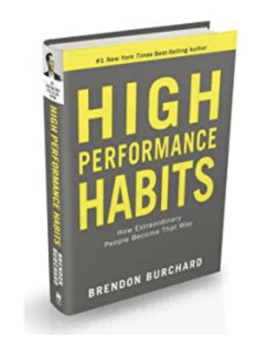 Grey paperback book with yellow font as the title that says High Performance Habits