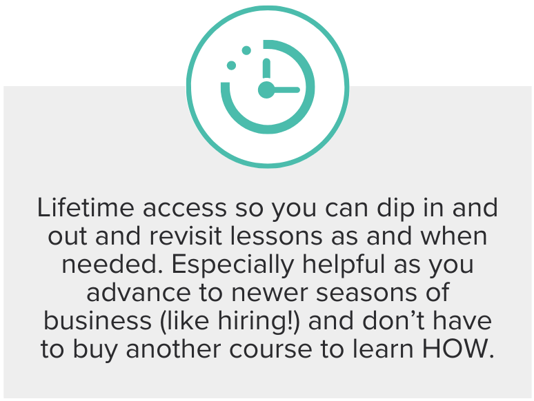 Lifetime access so you can dip in and out and revisit lessons as and when needed. Especially helpful as you advance to newer seasons of business (like hiring!) and don’t have to buy another course to learn HOW.