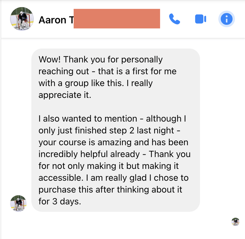 Wow! Thank you for personally reaching out - that is a first for me with a group like this. I really appreciate it. I also wanted to mention - although | only just finished step 2 last night - your course is amazing and has been incredibly helpful already - Thank you for not only making it but making it accessible. I am really glad I chose to purchase this after thinking about it for 3 days. - Aaron, A Year in A Day Content Planner System Testimonial