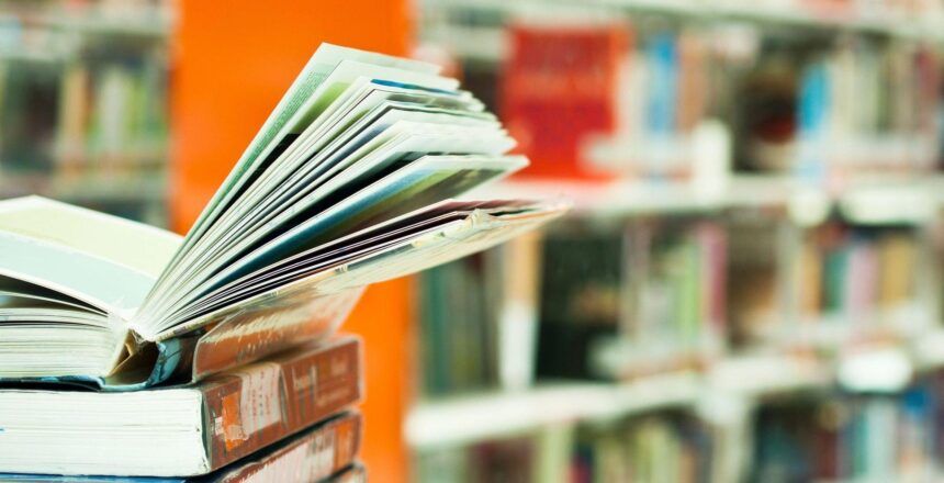 Stack of books in library