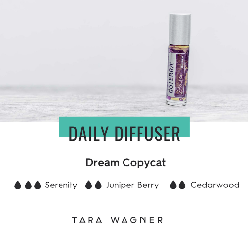 dream-blend-copycat Diffuser recipe for doTERRA Dream copycat blend depicting the recipe: 3 drops Serenity blend, 2 drops juniper berry essential oil and 2 drops cedarwood essential oils