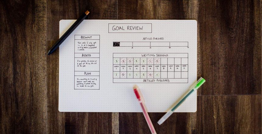 Bullet journal that says "Goal Review" with goal tracking